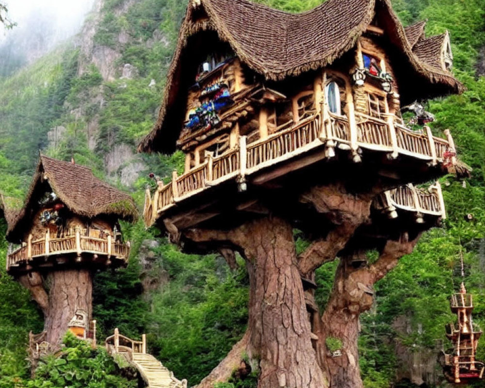 Enchanting wooden treehouses connected by stairway in lush forest