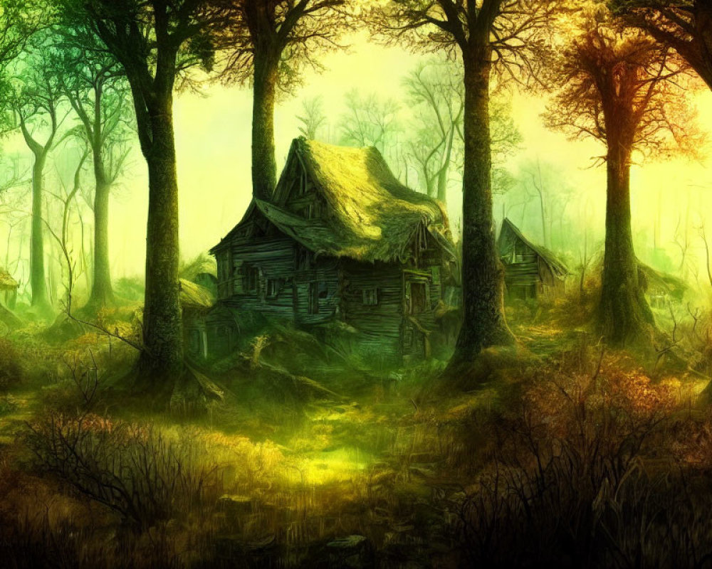 Sunlit forest clearing with overgrown cottage: serene and mystical