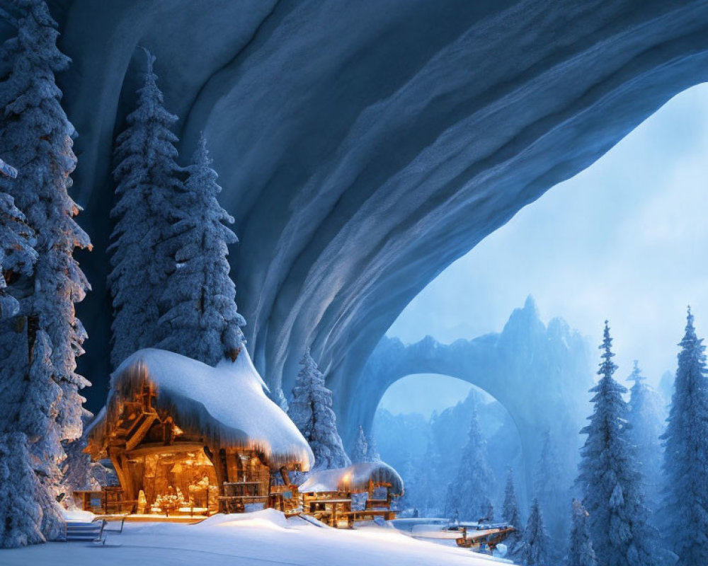 Snow-covered landscape with cozy cabin and ice formation under twilight sky