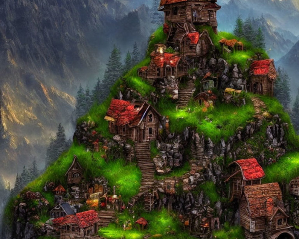 Quaint fairy-tale village on lush hilltop with wooden houses