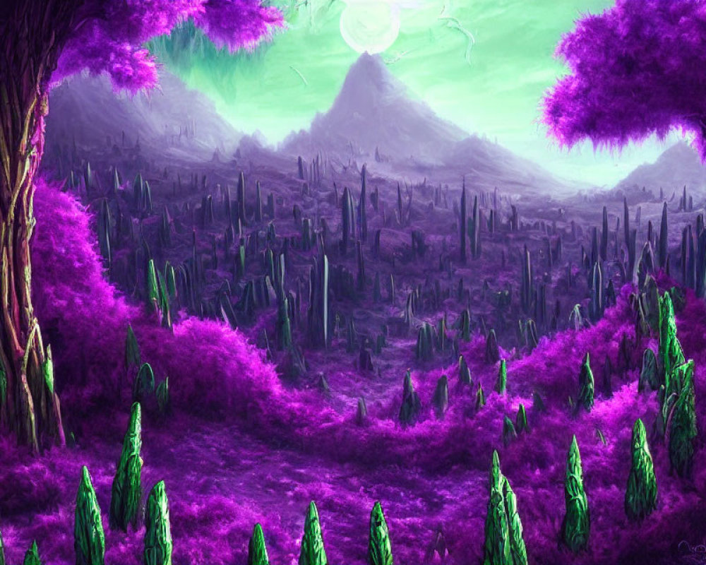 Fantasy landscape with purple foliage, crystalline structures, and looming mountain.