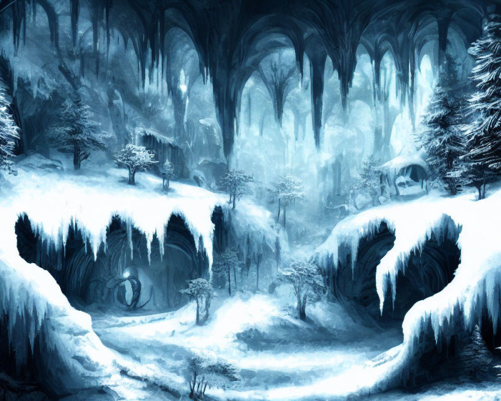 Snow-covered mystical winter forest with icy caverns and misty ambiance