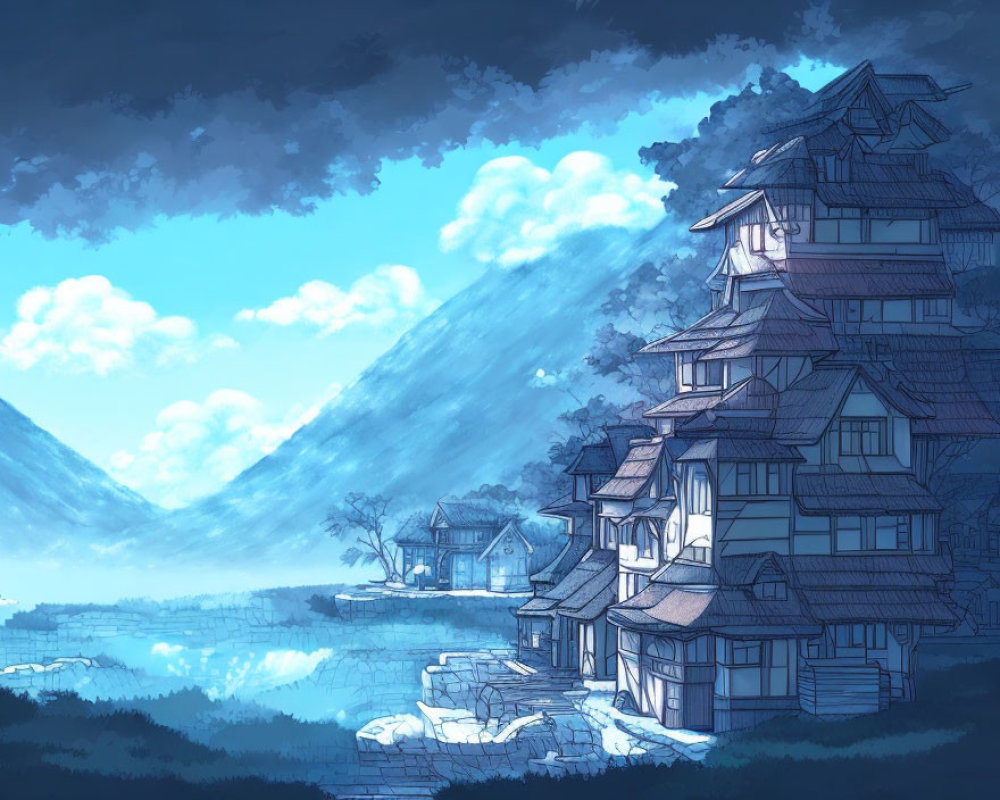 Traditional Asian-style building by misty lake and mountains at twilight