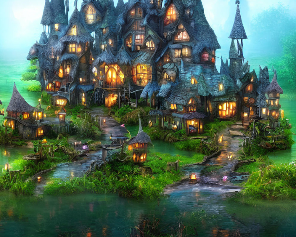 Whimsical village with glowing houses in lush greenery at dusk