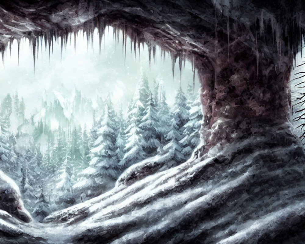 Snowy Cave View: Icicles, Pine Forest, Misty Atmosphere