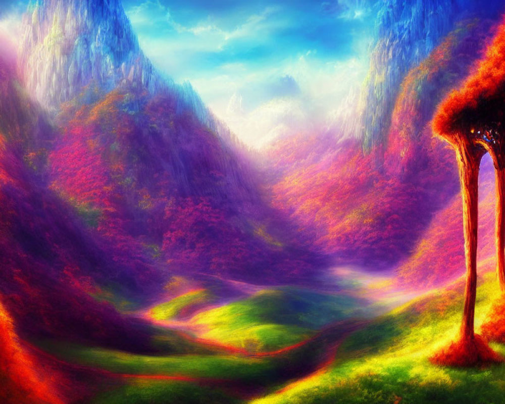 Colorful Fantasy Landscape with Path, Purple Grass, Trees, and Cliffs