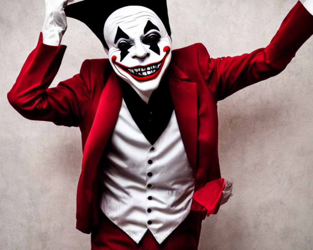 Clown in white face makeup and red suit with black hat poses playfully