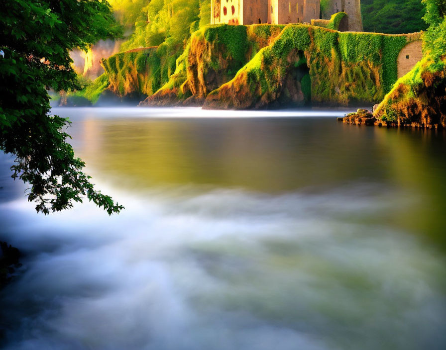 Tranquil river flows by lush greenery and ancient building