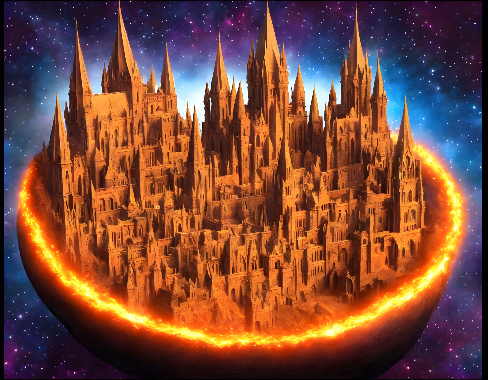 Fantastical castle with spires on fiery molten core in starry night sky