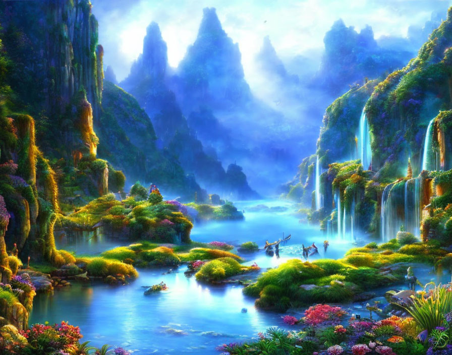 Tranquil fantasy landscape with lush greenery, waterfalls, misty mountains, and figures in