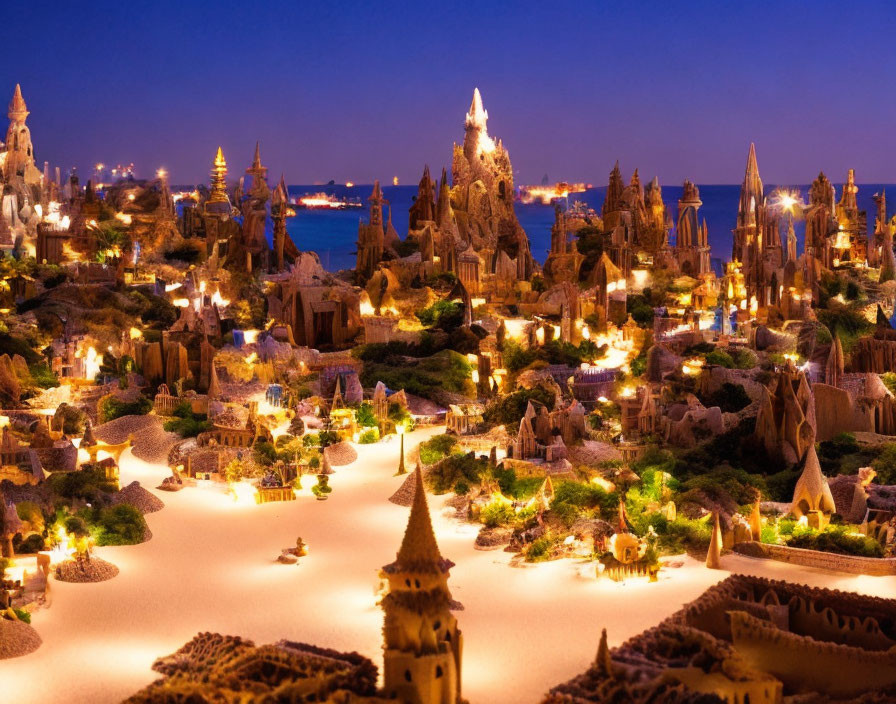 Miniature Fairy Tale City with Illuminated Buildings and Spires at Twilight