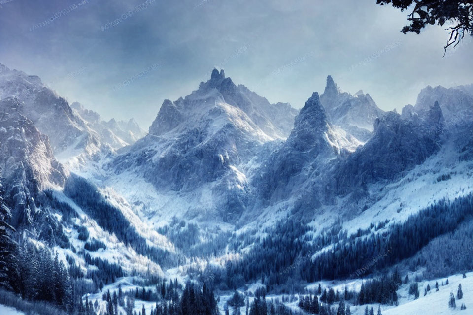 Snow-covered mountains and pine trees in hazy winter landscape