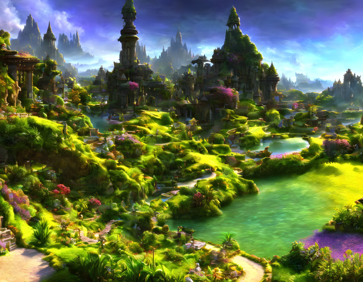 Vibrant fantasy landscape with lush greenery and mystical towers