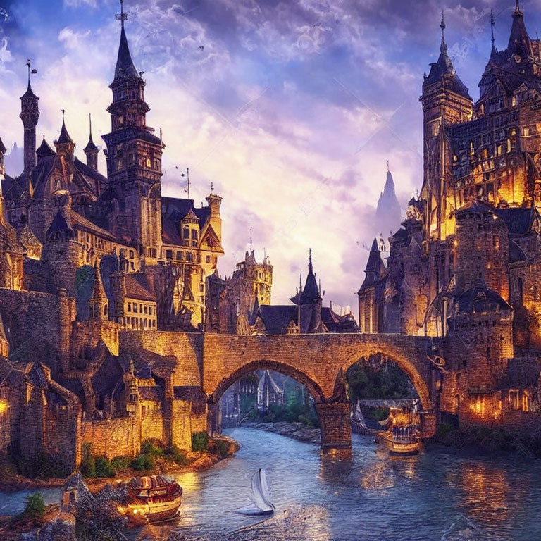 Medieval city with Gothic architecture, stone bridge, boats, and dramatic dusk sky