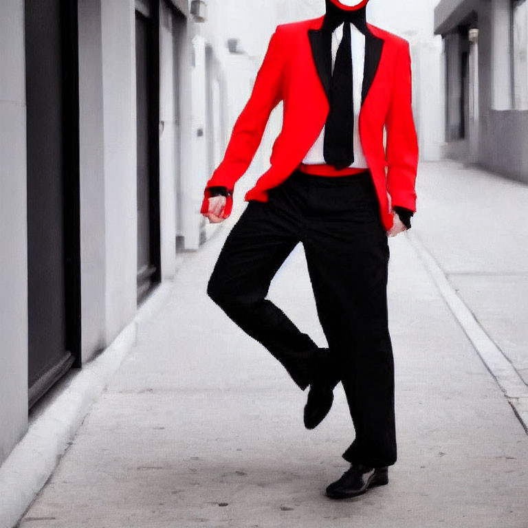 Stylish person in red blazer walking on city sidewalk