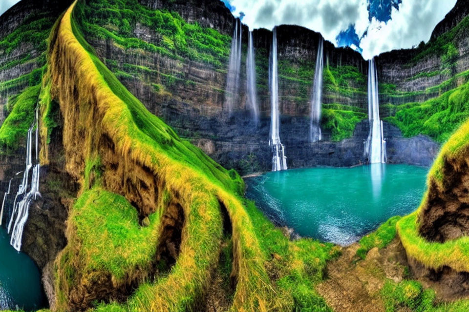 Scenic panorama of lush valley with cascading waterfalls into emerald lake