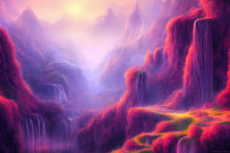 Majestic fantasy landscape with waterfalls, pink foliage, rivers, and misty mountains