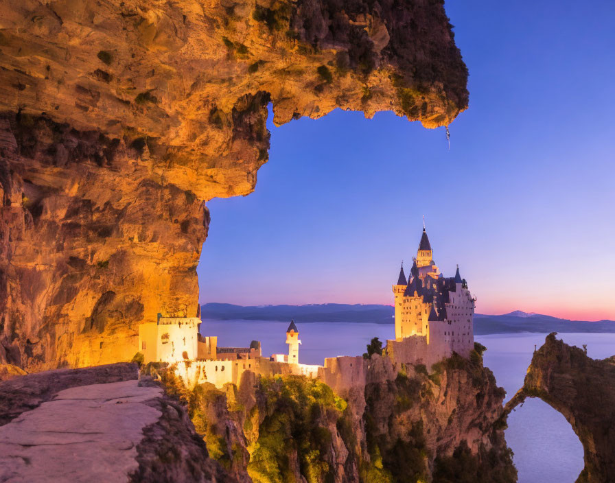 Fairytale castle at dusk framed by stone archway and blue sky