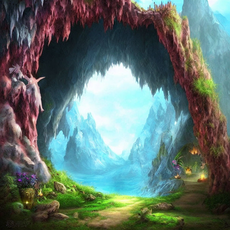 Mystical cave opening surrounded by greenery and icy mountains view