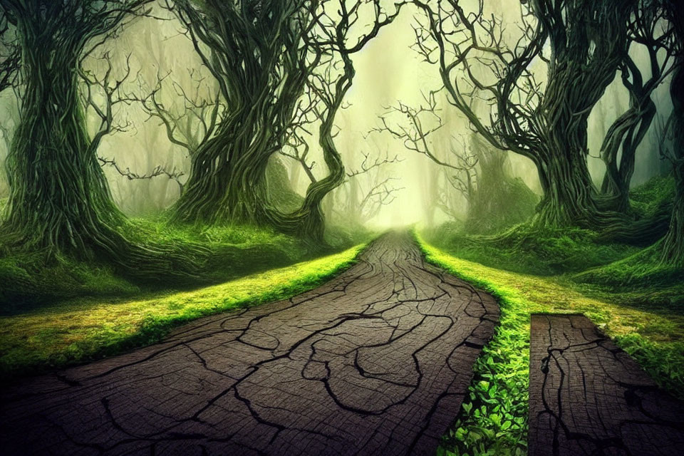 Enchanting forest path with gnarled trees and green moss under foggy light