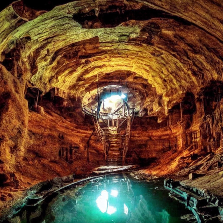 Illuminated underground cave with wooden staircase and still water body