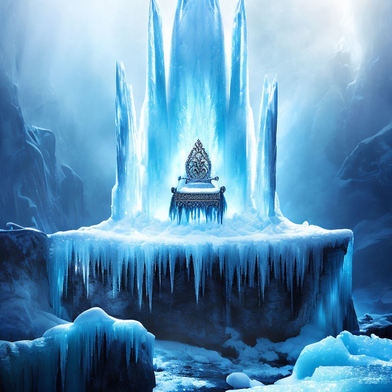 Ornate Throne Frozen in Ice Among Ice Spires