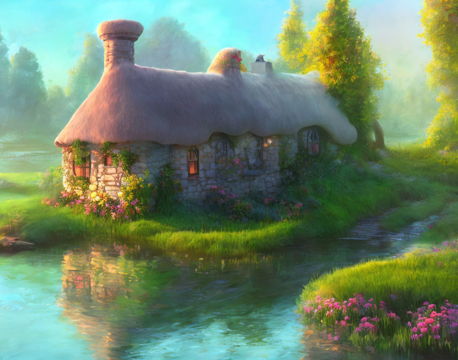 Stone Cottage with Thatched Roof Surrounded by Greenery and Pink Flowers Beside Tranquil Stream