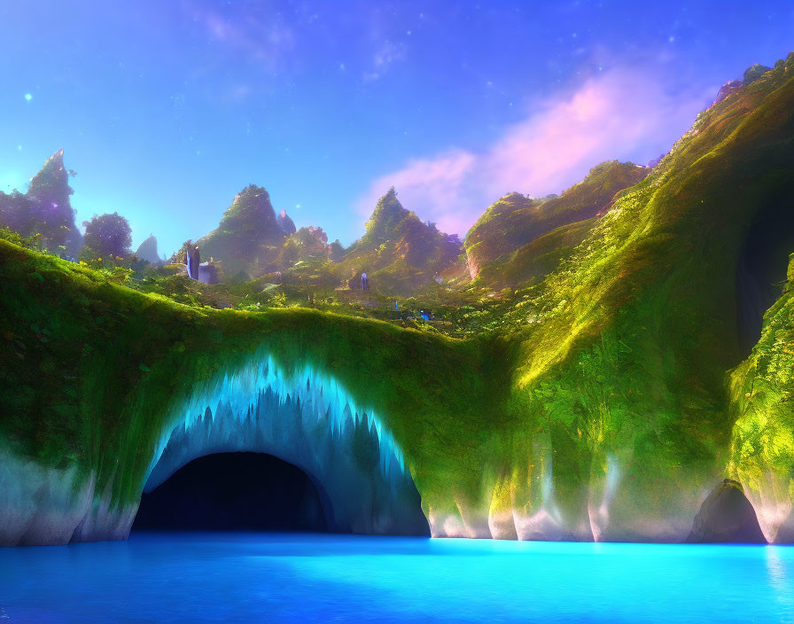 Vibrant fantasy landscape with blue river and natural archway