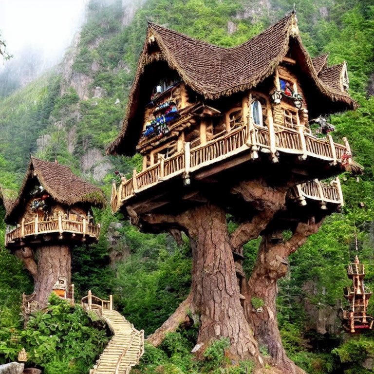 Enchanting wooden treehouses connected by stairway in lush forest