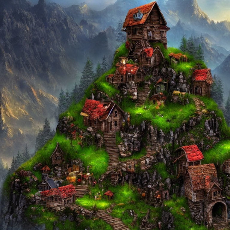 Quaint fairy-tale village on lush hilltop with wooden houses