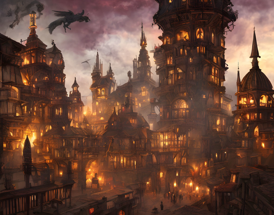 Fantasy cityscape at dusk: towering buildings, glowing lights, and a flying dragon