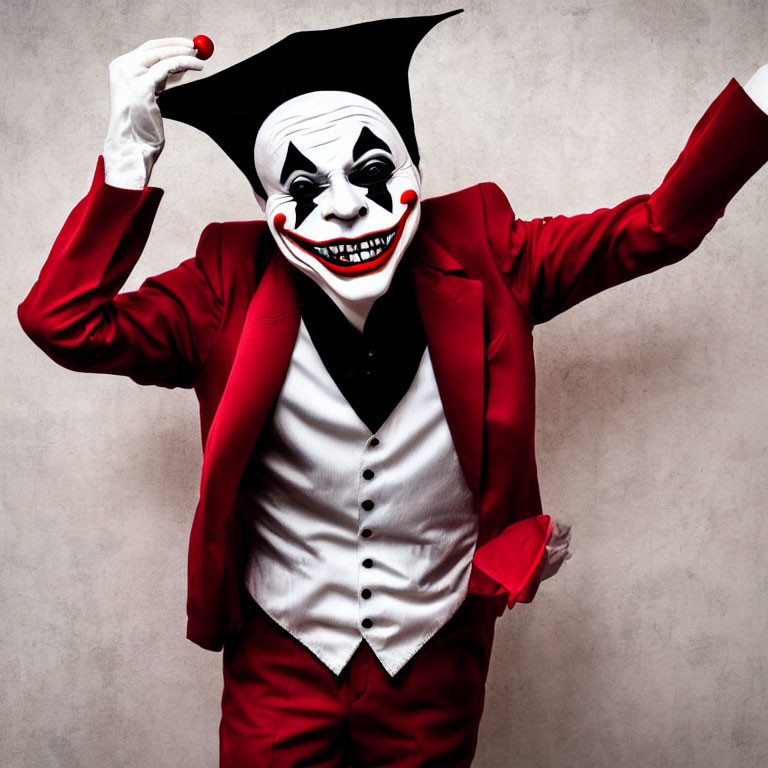 Clown in white face makeup and red suit with black hat poses playfully