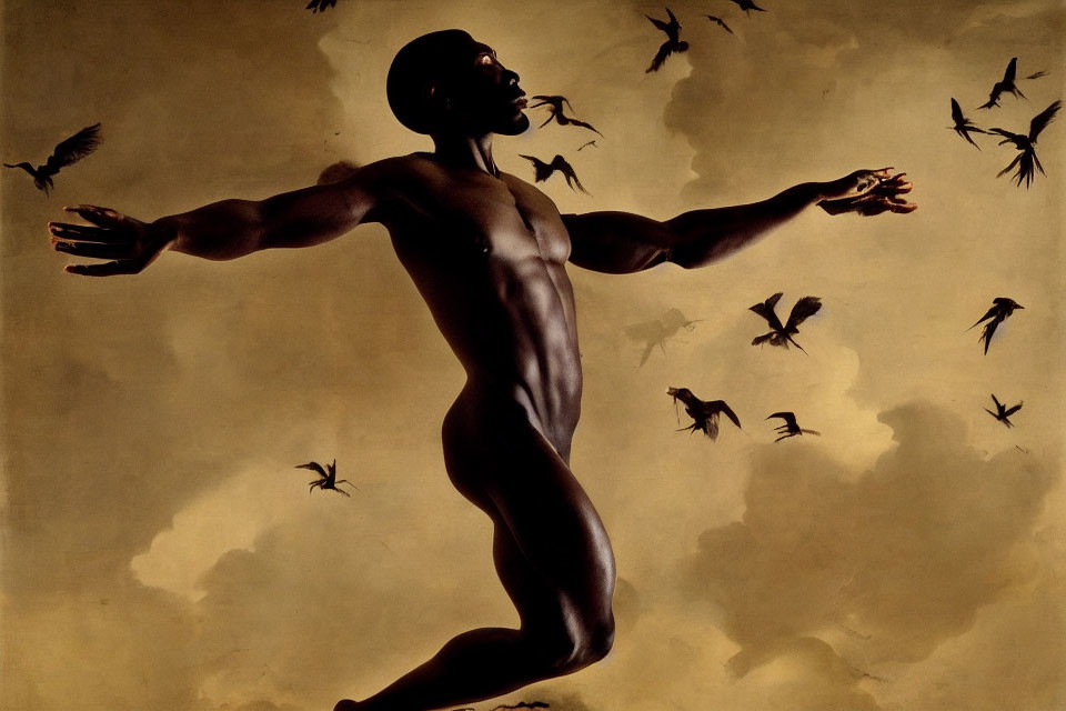 Graceful nude male figure leaping among swirling birds on cloudy backdrop