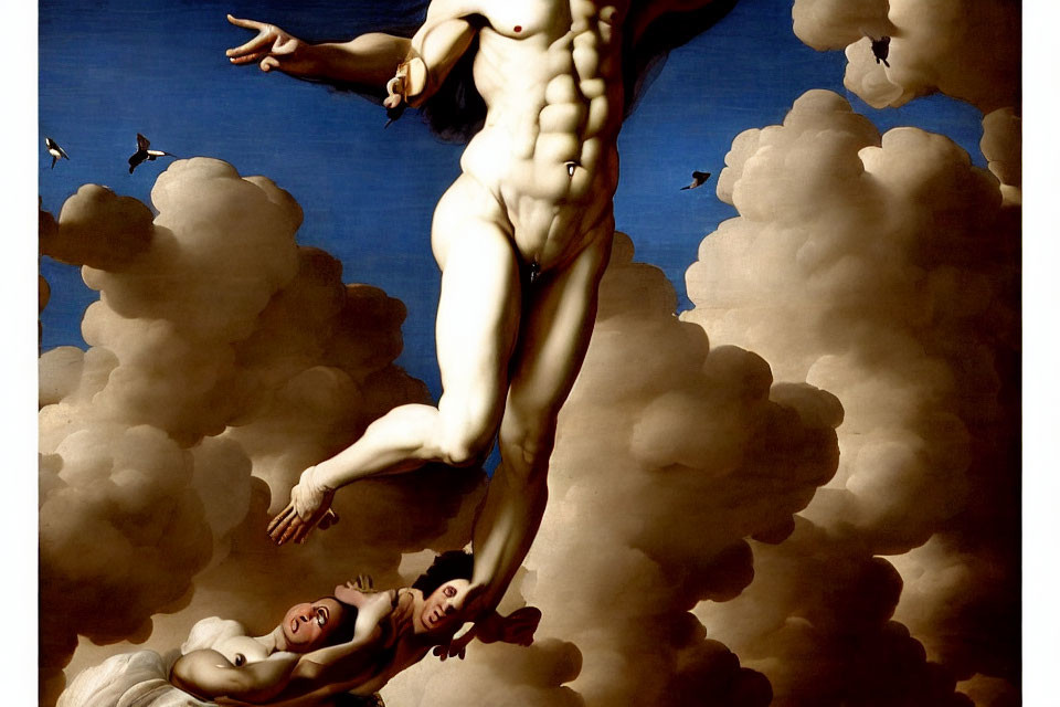 Classical painting of muscular male figure descending from clouds