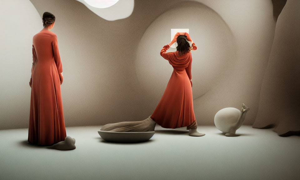 Two individuals in red dresses in surreal room with abstract sculptures and circular window.