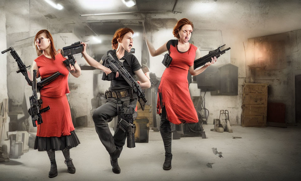 Three women in red outfits with rifles navigate a grungy room strategically.