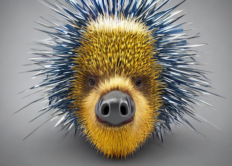 Close-up of hedgehog with fanned spines and blue tips on grey background