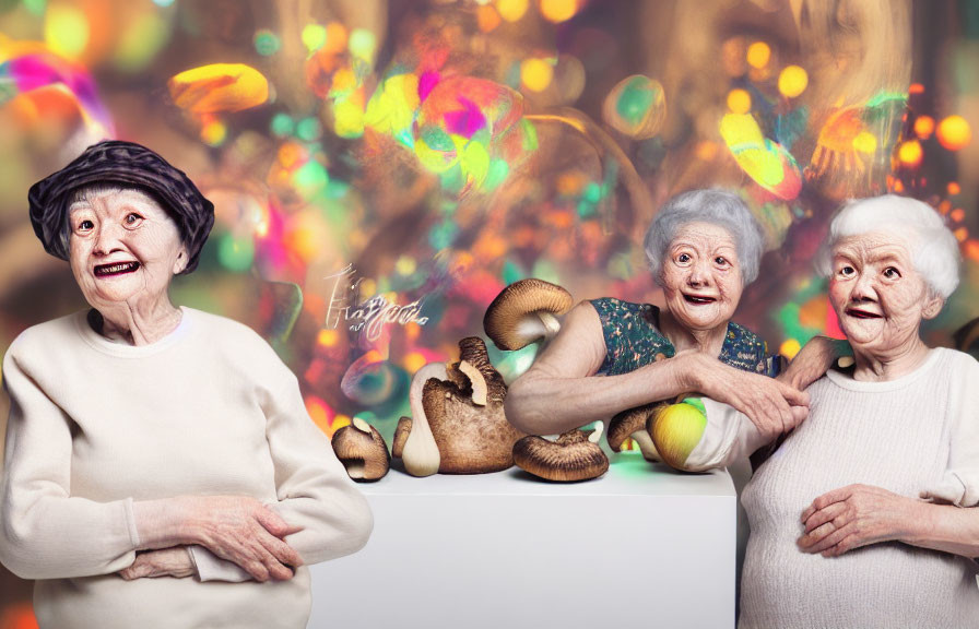 Three elderly women in colorful lights with oversized mushroom