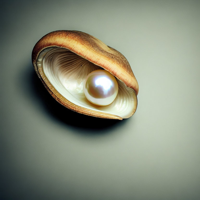 Lustrous pearl in open clam shell on grey background