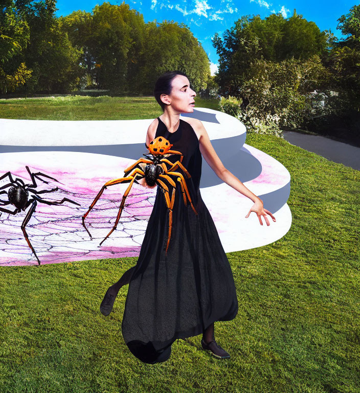 Startled person in black dress with large illustrated spider on whimsical park pathway