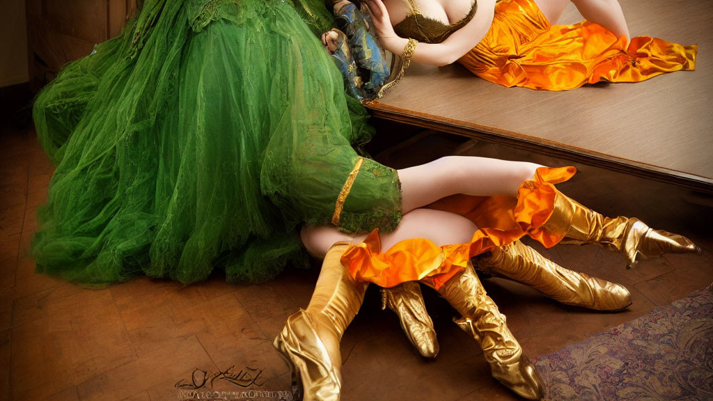 Vibrant poofy dresses and golden boots on two individuals lying down