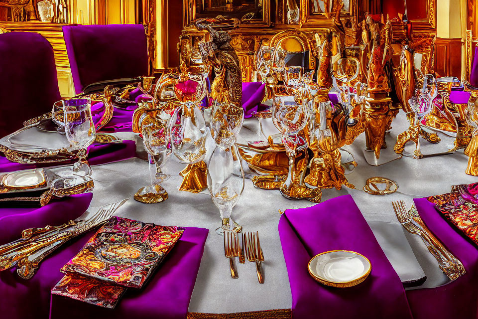 Luxurious Dining Setting with Gold Accents and Purple Chairs