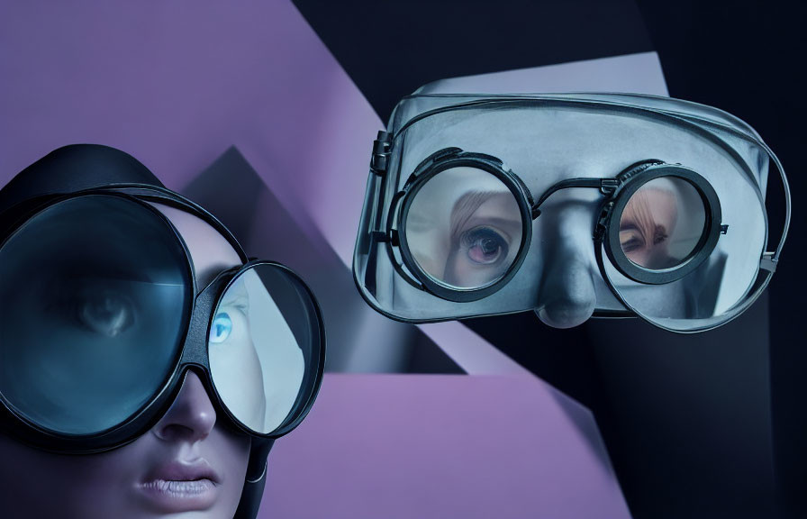 Person with Oversized Goggles on Geometric Purple Background