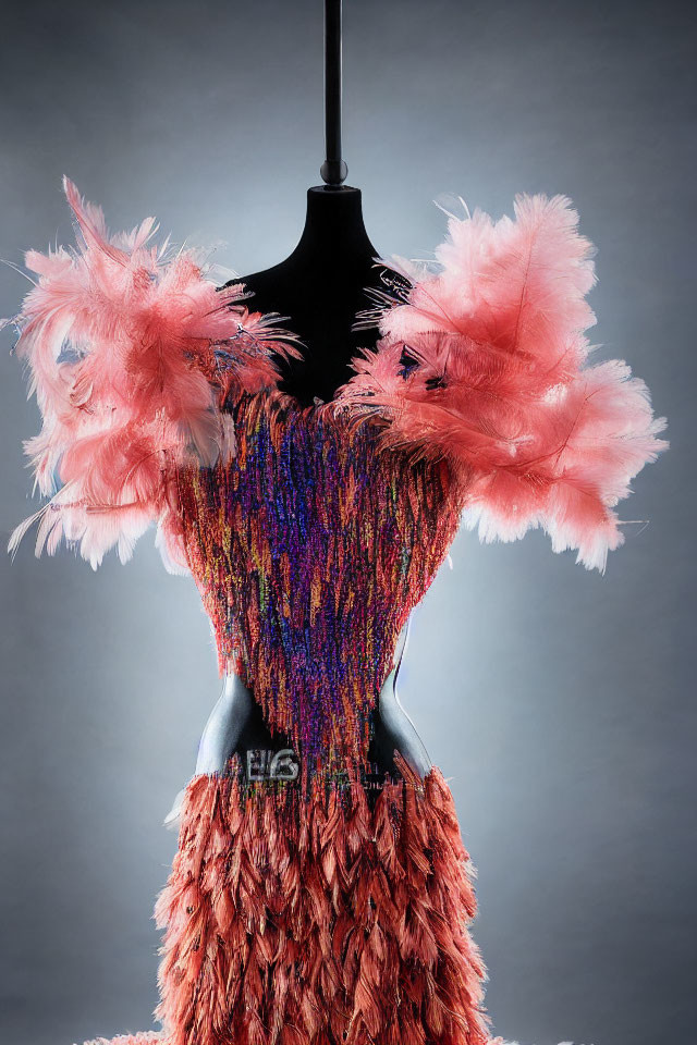 Multicolored Feathered Dress with Beaded Bodice & Pink Fluffy Details