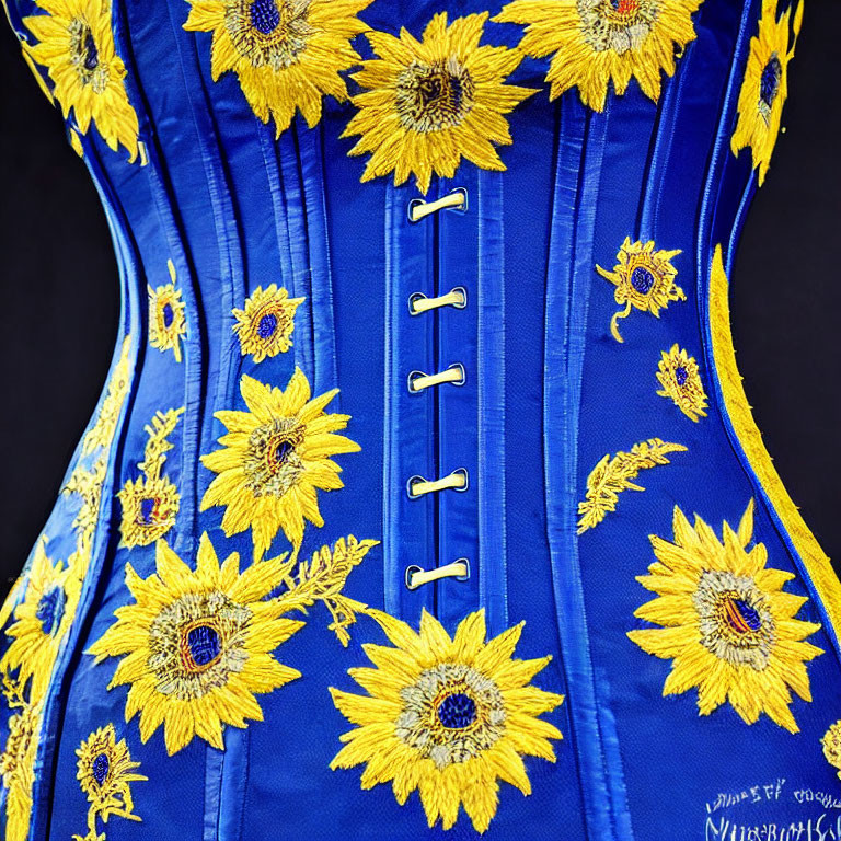 Sunflower Embroidered Blue Corset with White Lace-Up Back Detail