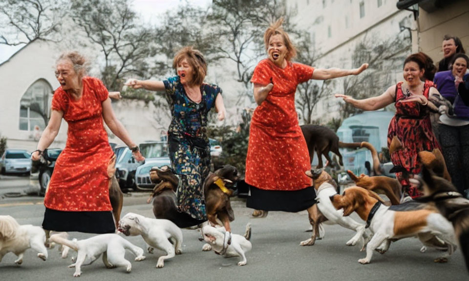 Cheerful women in dresses playing with dogs on city street