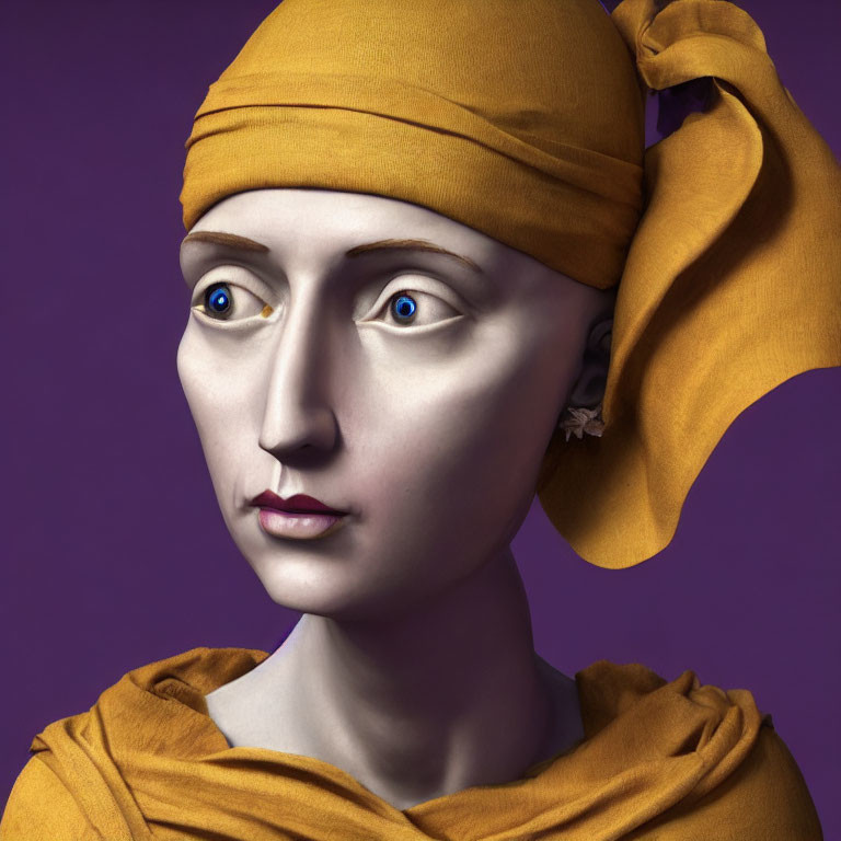 Digital Artwork: Female Figure in Yellow Headscarf and Garment on Purple Background