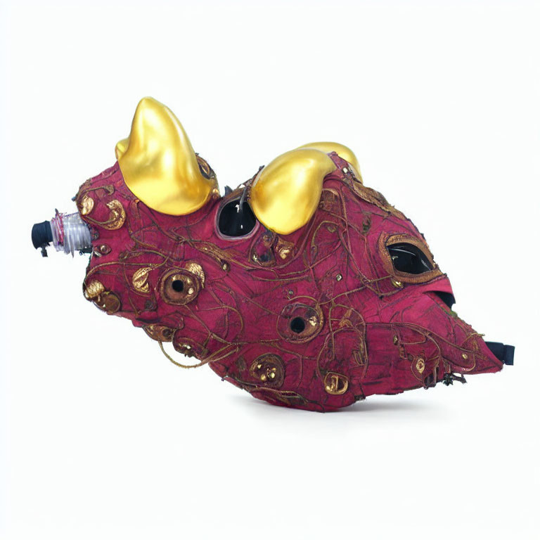 Steampunk-style Plague Doctor Mask with Golden Eyepieces & Maroon Designs