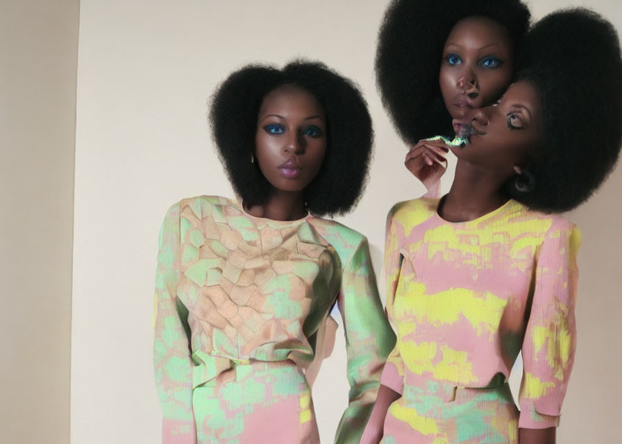 Three Women with Voluminous Afro Hairstyles in Pastel Patterned Outfits pose against Neutral Background