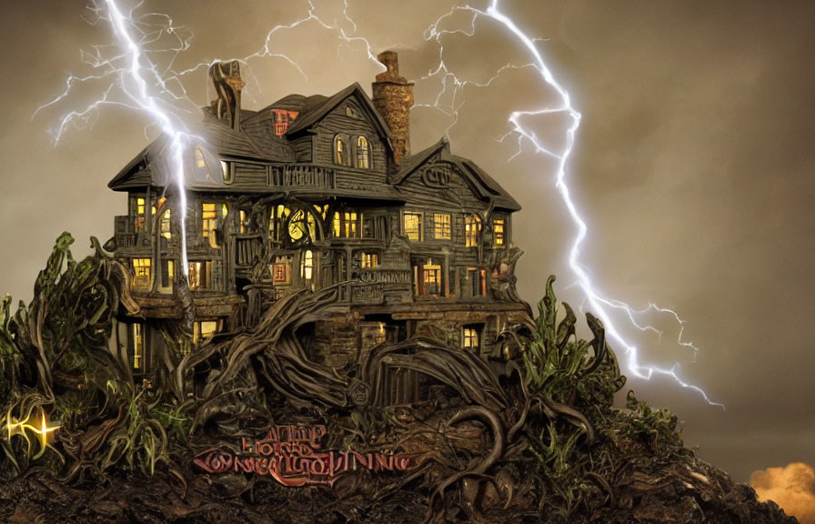 Dark Gothic mansion in stormy sky with lightning and gnarled trees